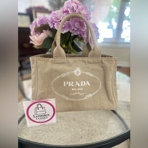 Authentic Prada Canvas Logo Tote Bag – Beige / Off-White